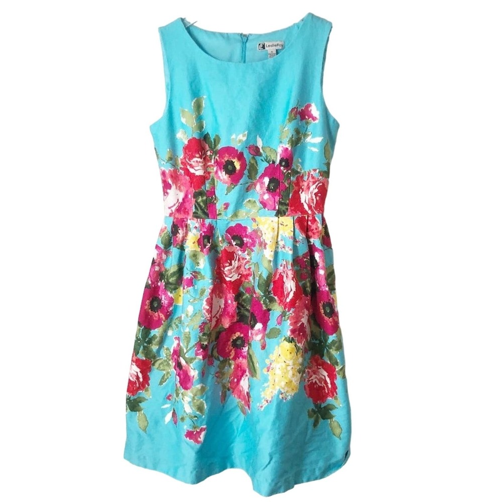 Leslie Fay Vintage Robin Egg Blue Pink Floral Pattern Fit & Flare Dress Size 4
